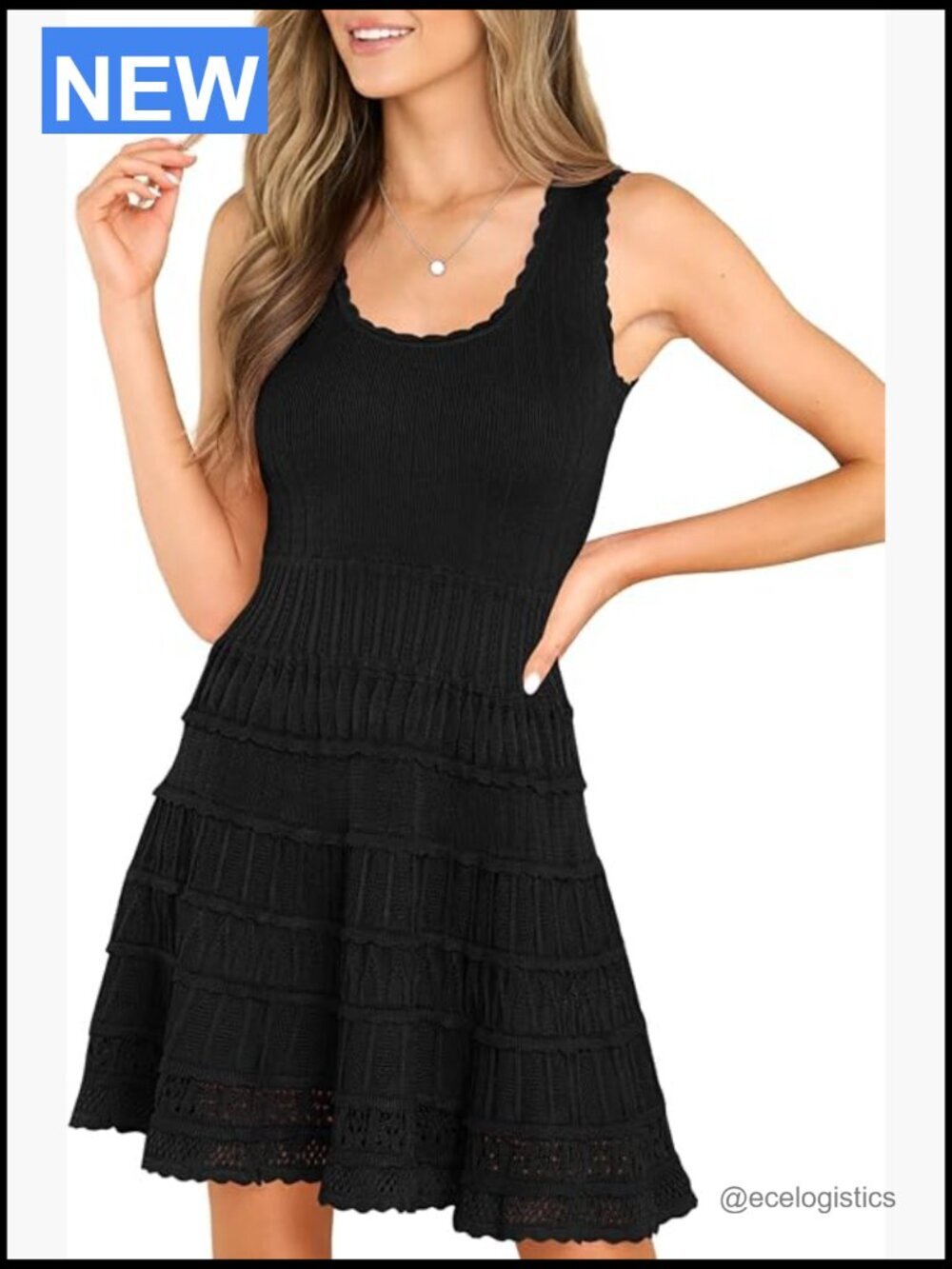 Summer Mini Dress Casual Crewneck Knitted Crochet Hem Flowy Tank